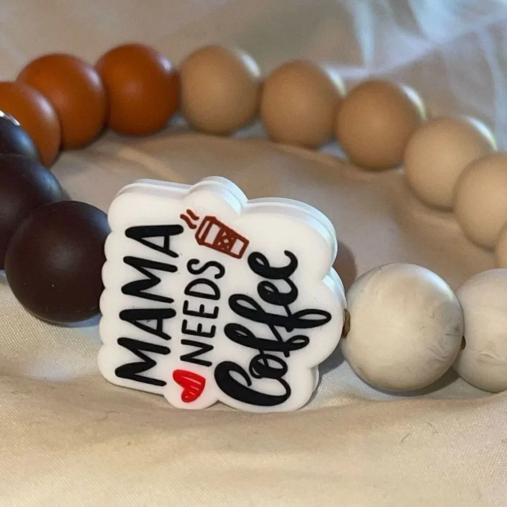 Keychain bracelet wristlet silicone beaded Mama Needs Coffee NEW handmade clasp